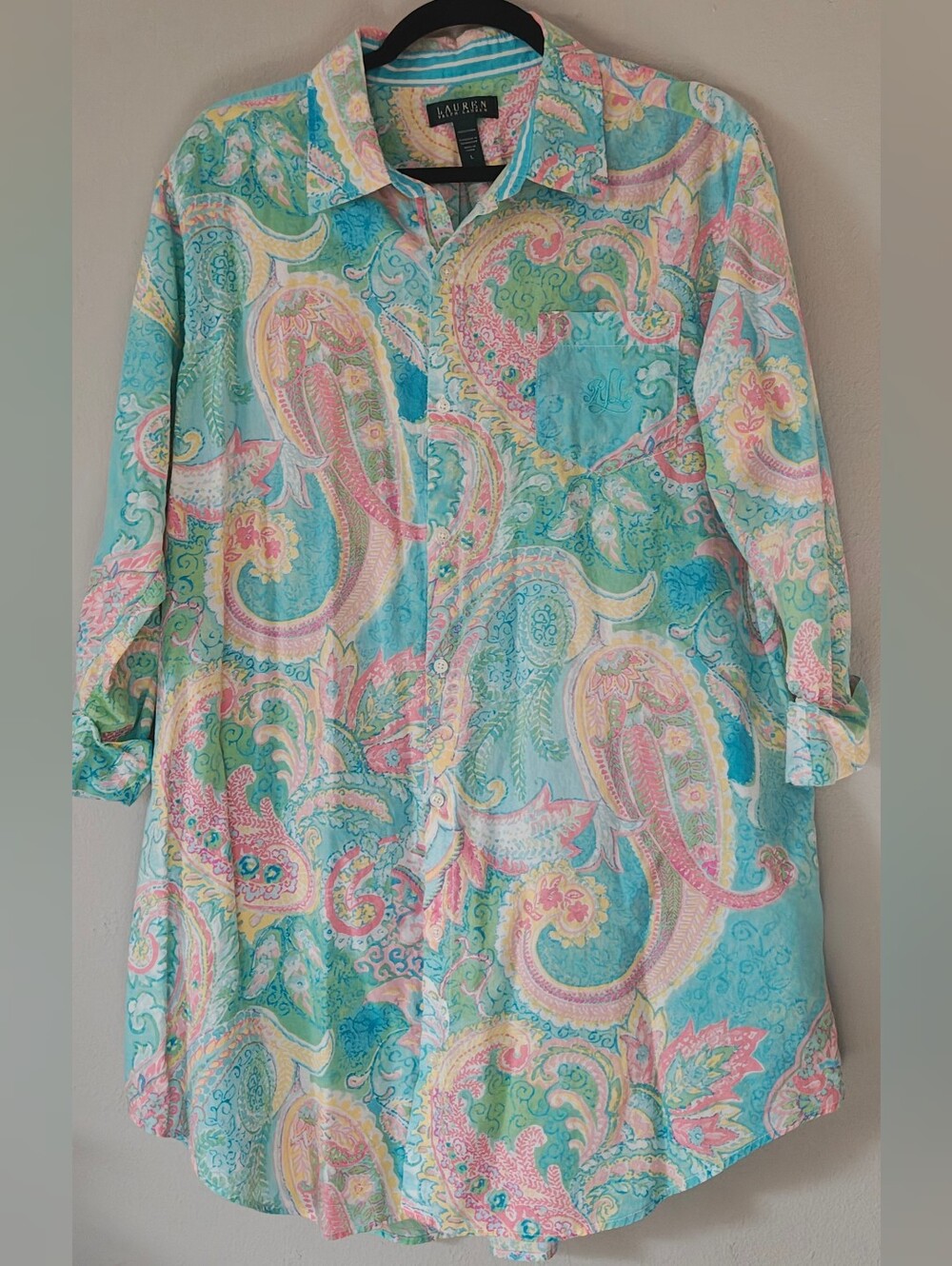 Lauren Ralph Lauren Pastel Paisley Button-Up Sleep Shirt Dress Women's Size L